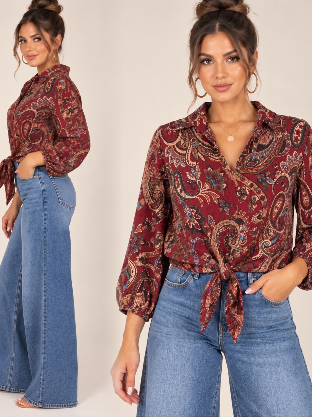 Kim & Cami Burgundy Paisley Tie-Front Blouse